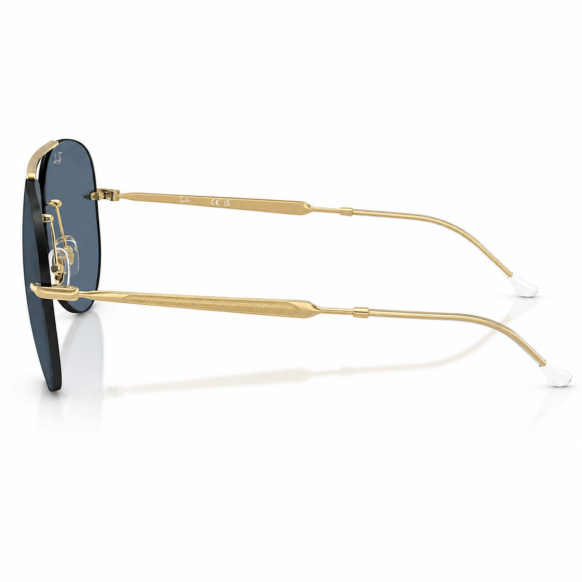 Ray-Ban RB3791 aviator sunglasses gold metal frame and dark blue lenses side view