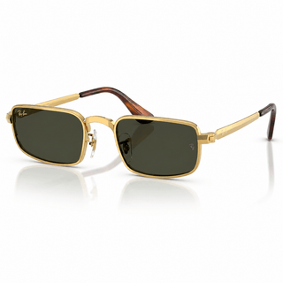 Authentic Ray-Ban × A$AP Rocky full-frame rectangular sunglasses featuring a polished gold metal frame with iconic G-15 green lenses, shown from the front angle. Premium designer eyewear available at Vision Optique, Supermart 1, DLF Phase 4, Gurugram.