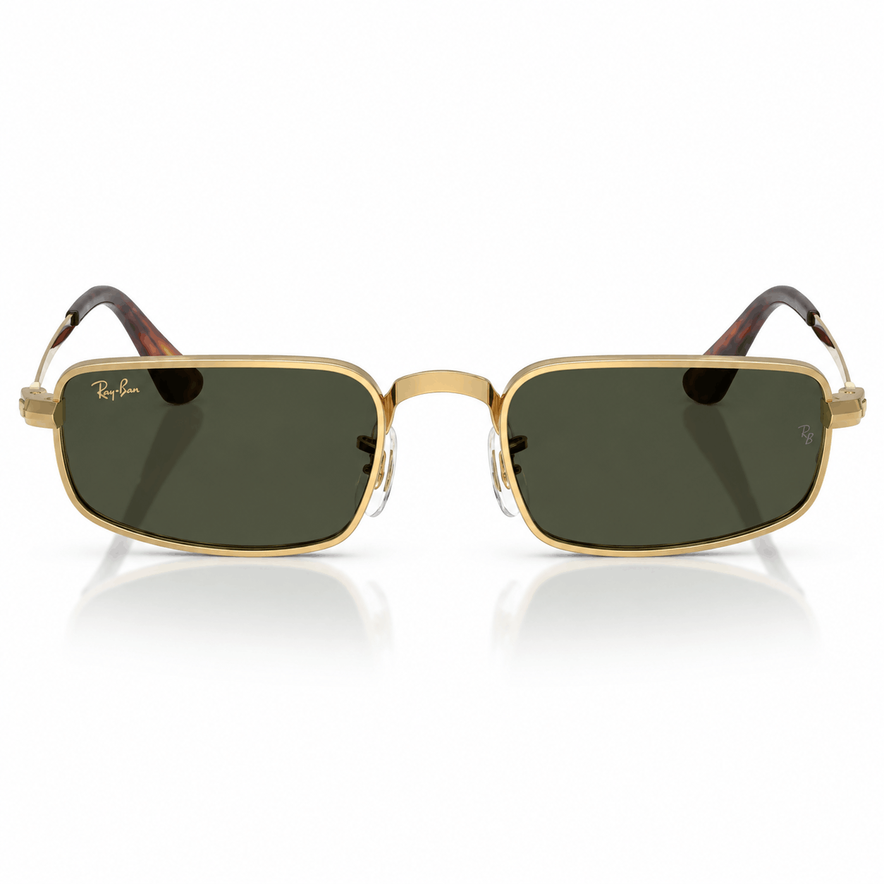 Front view of authentic Ray-Ban × A$AP Rocky limited-edition full-frame rectangular sunglasses with a premium gold metal frame and legendary G-15 green lenses. Shop genuine luxury eyewear at Vision Optique, Gurugram.
