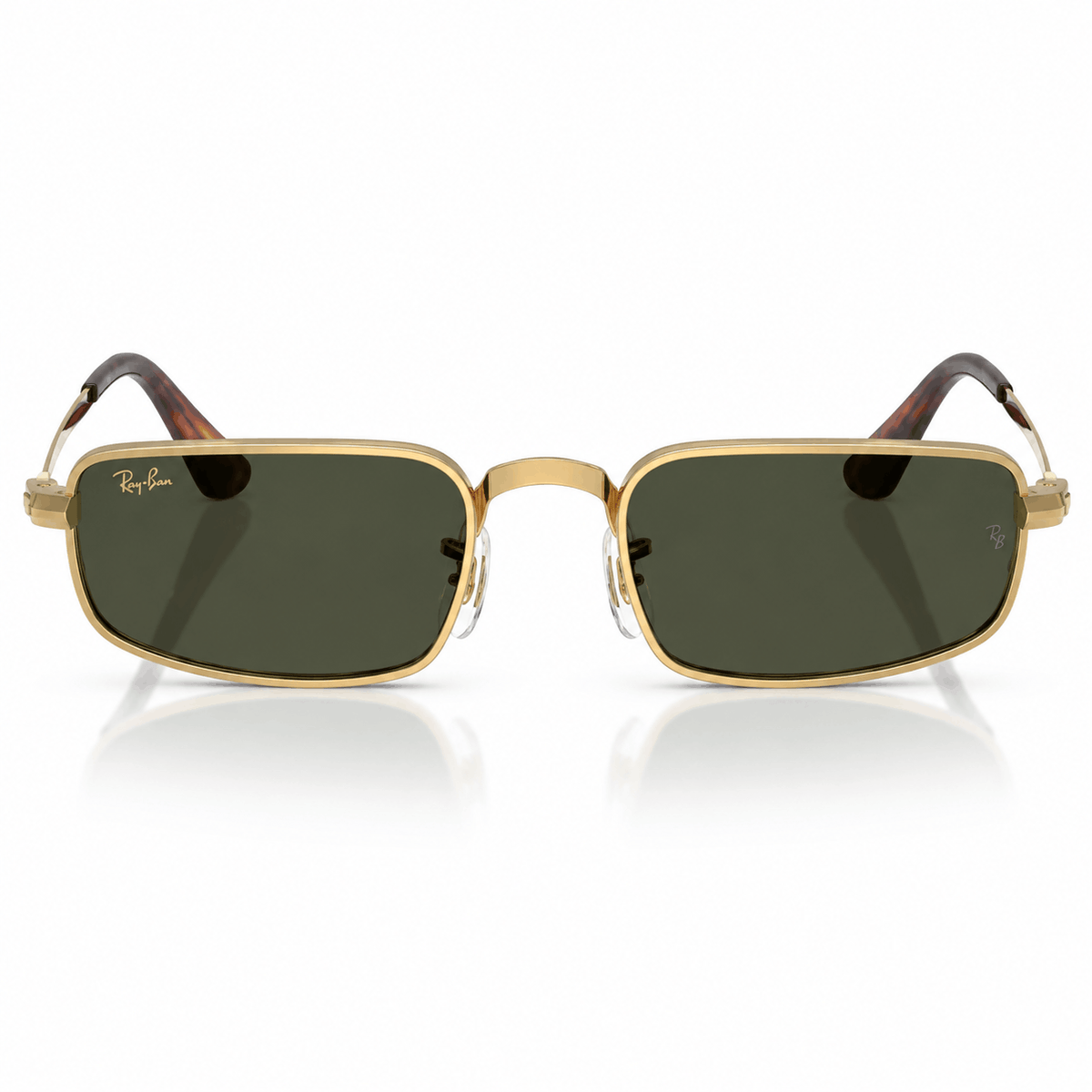 Front view of authentic Ray-Ban × A$AP Rocky limited-edition full-frame rectangular sunglasses with a premium gold metal frame and legendary G-15 green lenses. Shop genuine luxury eyewear at Vision Optique, Gurugram.