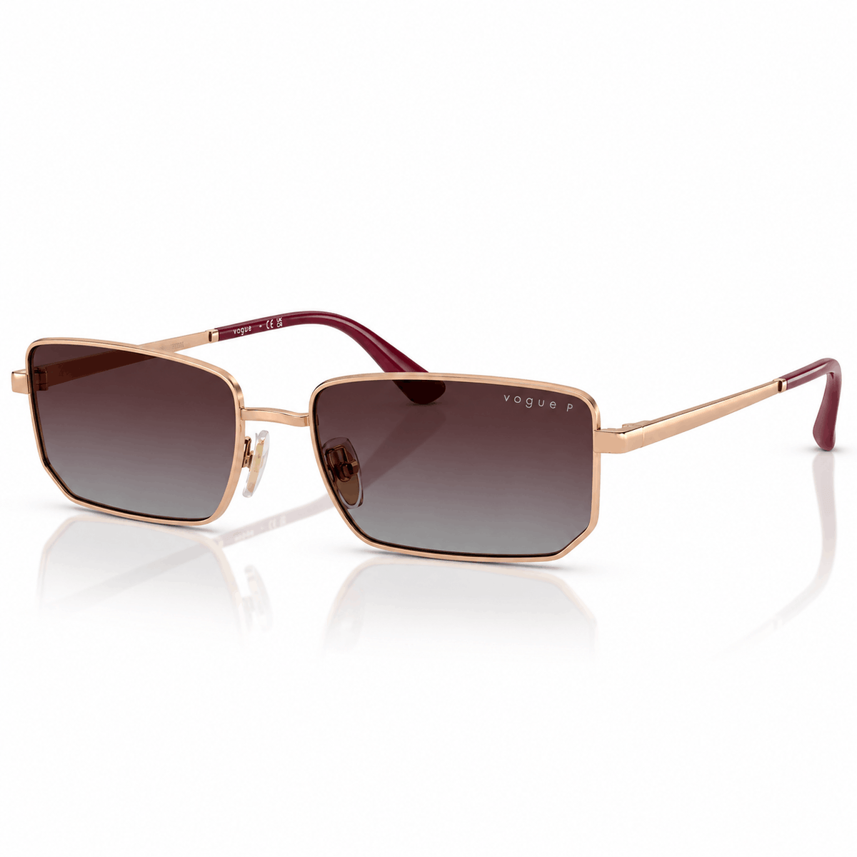 Vogue VO4352S rectangle sunglasses with rose gold frame and polarized grey gradient violet lenses angled view