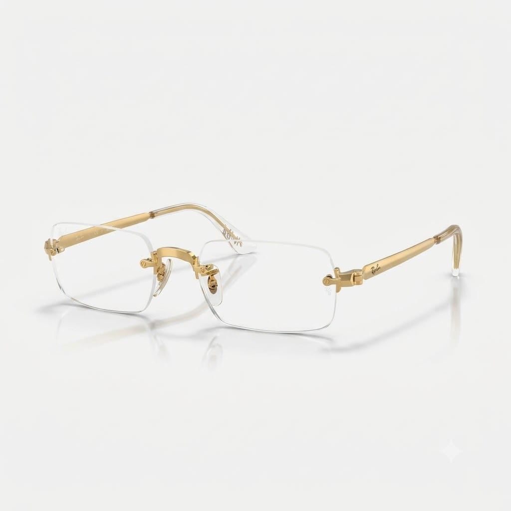 Three-quarter perspective view of Ray-Ban by A$AP Rocky RB3928V rimless rectangular optical glasses in polished Arista Gold