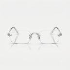 Direct front view of Ray-Ban x A$AP Rocky RB3928V rimless eyeglasses featuring clear rectangular lenses and silver nose bridge