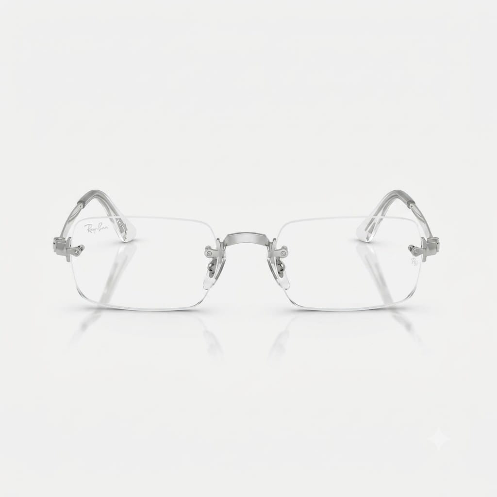 Direct front view of Ray-Ban x A$AP Rocky RB3928V rimless eyeglasses featuring clear rectangular lenses and silver nose bridge