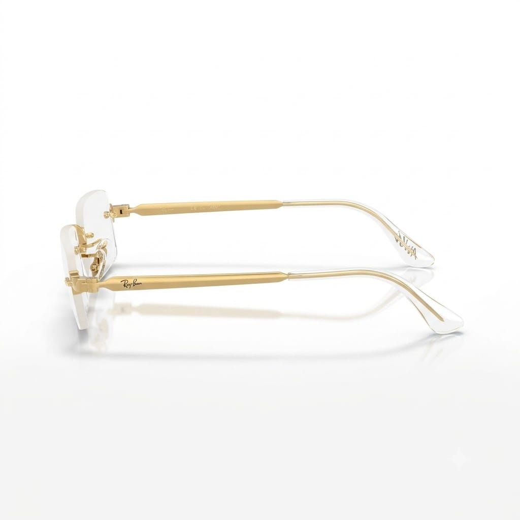 Side-profile angle of Ray-Ban x A$AP Rocky RB3928V showing slim gold metal temples with engraved Ray-Ban branding and clear tips