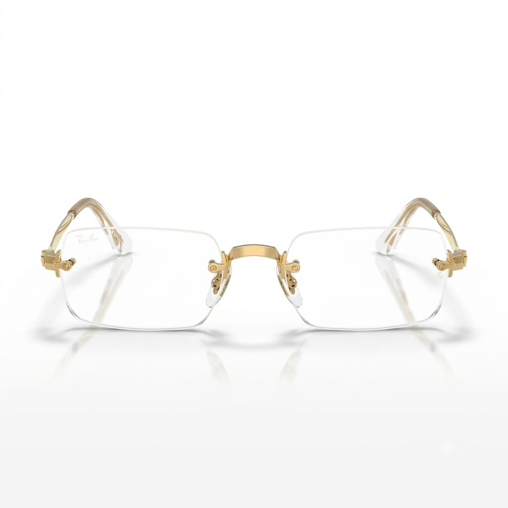 Direct front view of limited-edition Ray-Ban x A$AP Rocky RB3928V rimless eyeglasses featuring clear rectangular lenses and gold bridge