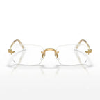 Direct front view of limited-edition Ray-Ban x A$AP Rocky RB3928V rimless eyeglasses featuring clear rectangular lenses and gold bridge