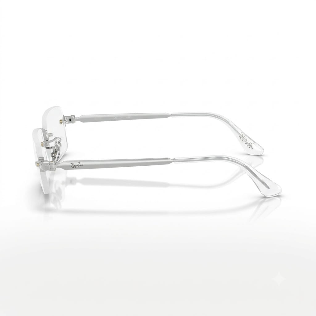 Side-profile angle of Ray-Ban by A$AP Rocky RB3928V showing slim polished silver metal temples with laser-engraved branding and clear tips