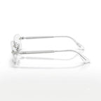 Side-profile angle of Ray-Ban by A$AP Rocky RB3928V showing slim polished silver metal temples with laser-engraved branding and clear tips