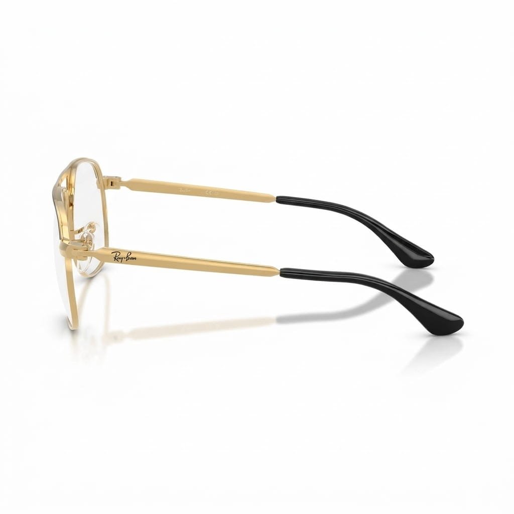 Side-profile angle of Ray-Ban Bill Max RB3793V displaying flat gold metal temples, engraved Ray-Ban signature, and black acetate tips