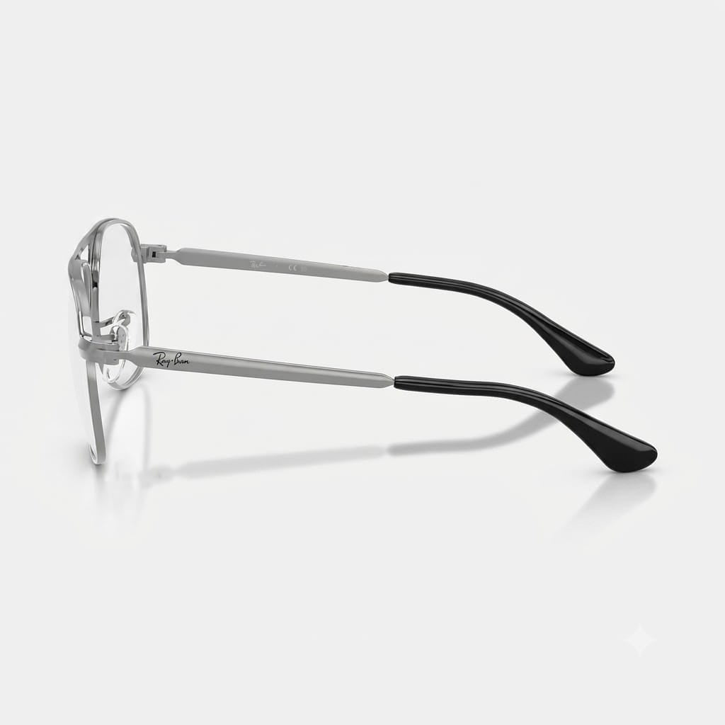 ide-profile angle of Ray-Ban Bill Max RB3793V showing flat silver metal temples, Ray-Ban signature, and black acetate tips