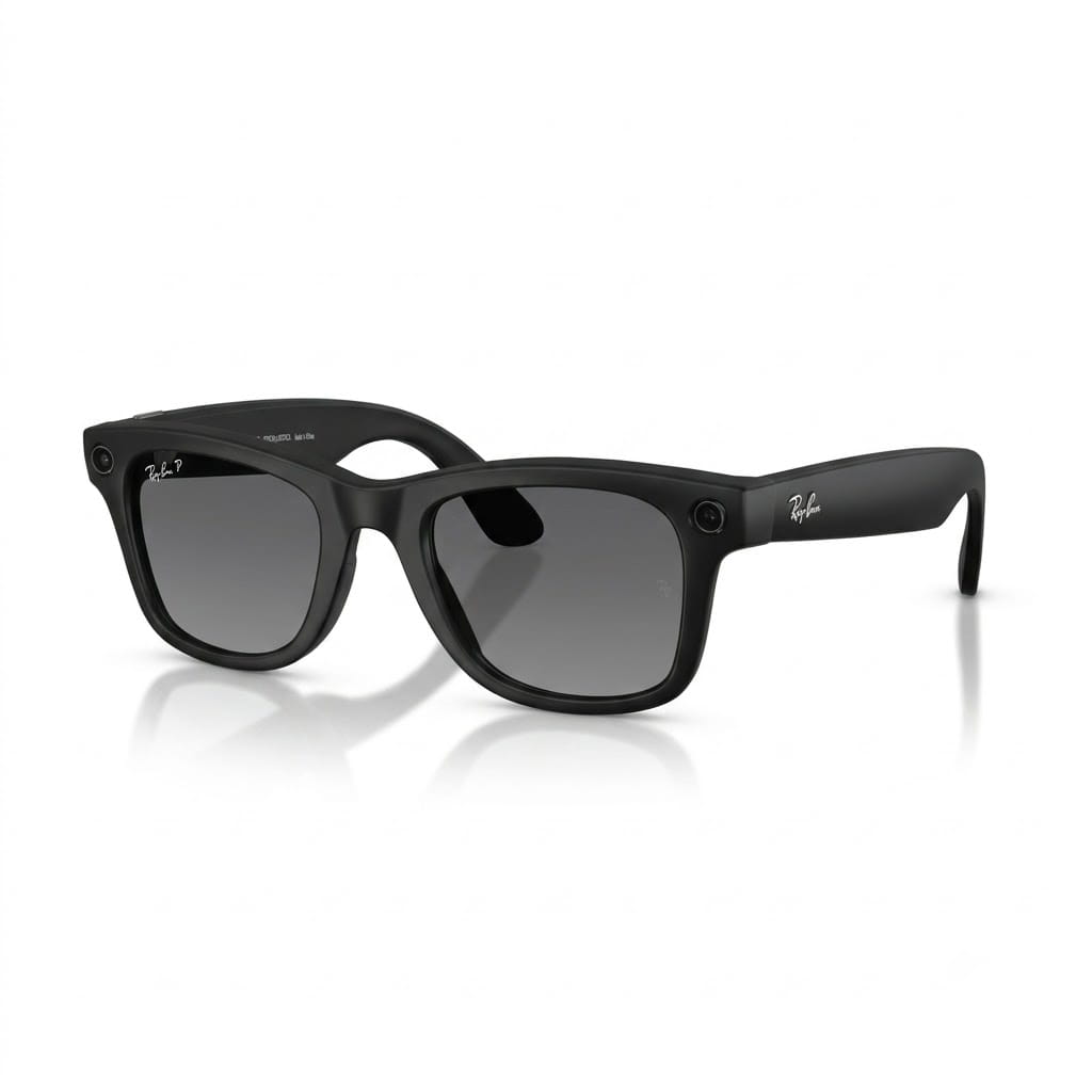 Angled view of Ray-Ban Meta Wayfarer Gen 2 matte black smart sunglasses showing gradient lenses, camera detail and branded temples.