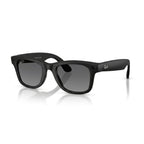 Angled view of Ray-Ban Meta Wayfarer Gen 2 matte black smart sunglasses showing gradient lenses, camera detail and branded temples.