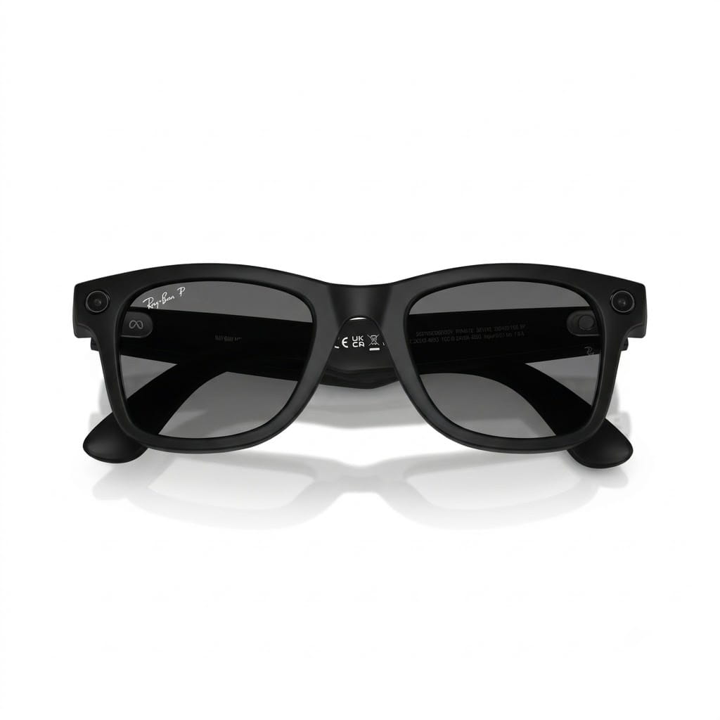 Front view of Ray-Ban Meta Wayfarer Gen 2 sunglasses in matte black with polarised gradient graphite lenses, size 50.