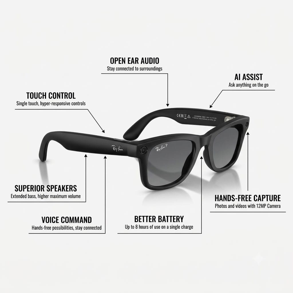 Ray-Ban Meta Wayfarer Gen 2 matte black smart glasses highlighting Meta AI, touch controls, open-ear audio, voice commands and camera features.