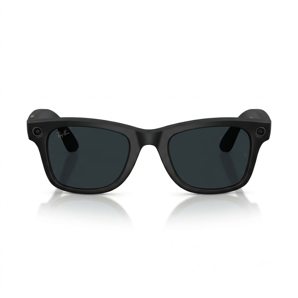Front view of Ray-Ban Meta Wayfarer sunglasses with Transition grey lenses darkened under UV sunlight