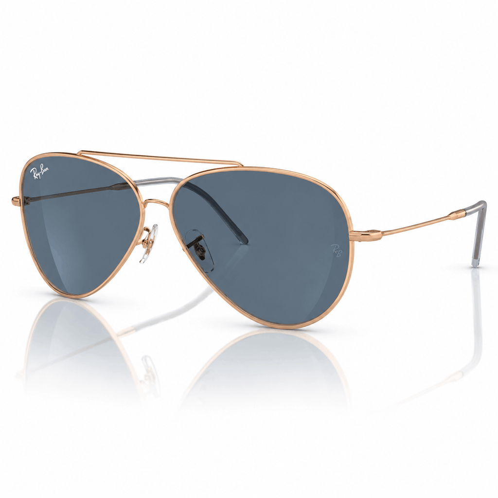 Ray-Ban Reverse RBR0101S Aviator Sunglasses rose gold frame with blue lenses three quarter view