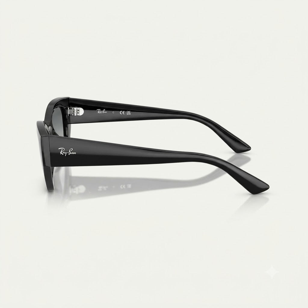 Side-profile angle of Ray-Ban Zena RB4430 sunglasses showing wide black acetate temples with white Ray-Ban signature logo