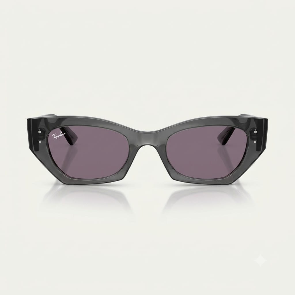 Direct front view of Ray-Ban Zena RB4430 sunglasses showing low-profile geometric cat-eye frame and dark violet-grey tinted lenses