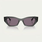 Direct front view of Ray-Ban Zena RB4430 sunglasses showing low-profile geometric cat-eye frame and dark violet-grey tinted lenses