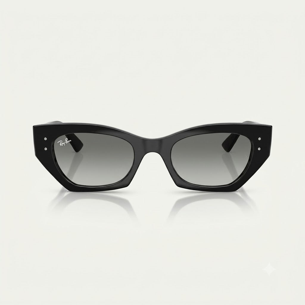 Side-profile angle of Ray-Ban Zena RB4430 sunglasses showing wide black acetate temples with white Ray-Ban signature logo