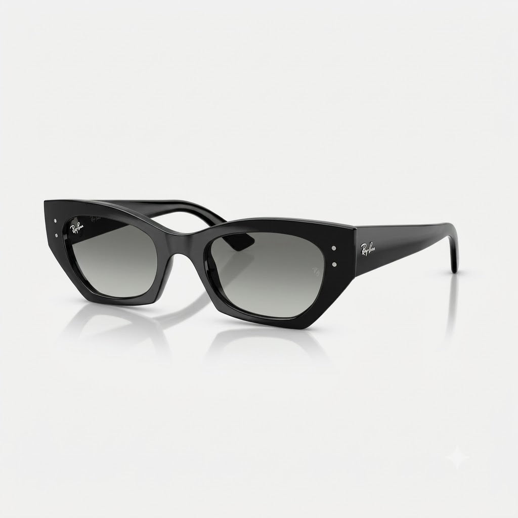Three-quarter perspective view of Ray-Ban Zena RB4430 in polished black acetate with subtle grey gradient UV-protective lenses