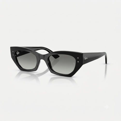 Three-quarter perspective view of Ray-Ban Zena RB4430 in polished black acetate with subtle grey gradient UV-protective lenses