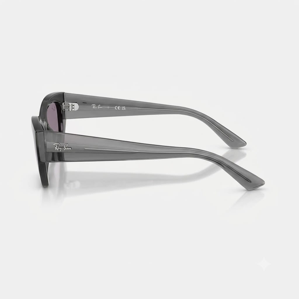Side-profile angle of Ray-Ban Zena RB4430 highlighting sculpted wide transparent grey temples and silver Ray-Ban signature logo