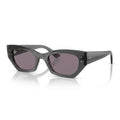 Three-quarter perspective view of Ray-Ban Zena RB4430 angular cat-eye sunglasses in glossy transparent grey with violet lenses