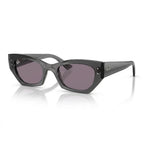 Three-quarter perspective view of Ray-Ban Zena RB4430 angular cat-eye sunglasses in glossy transparent grey with violet lenses